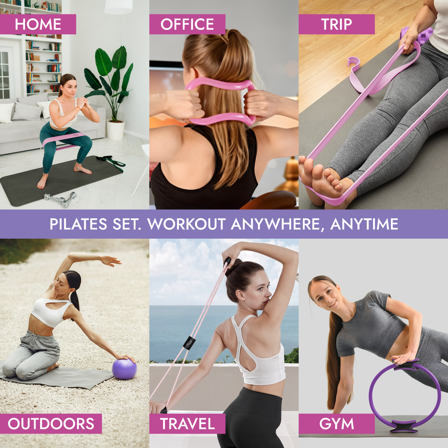 Premium 10 in 1 Pilates Ring & Ball Kit – Full Body Home Workout (Purple)