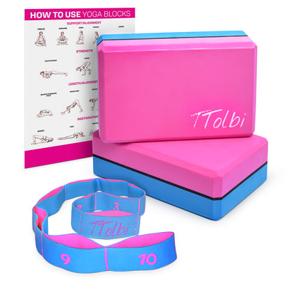 Premium Yoga Blocks 2 Pack with Stretch Band (Blue) – Align & Flex