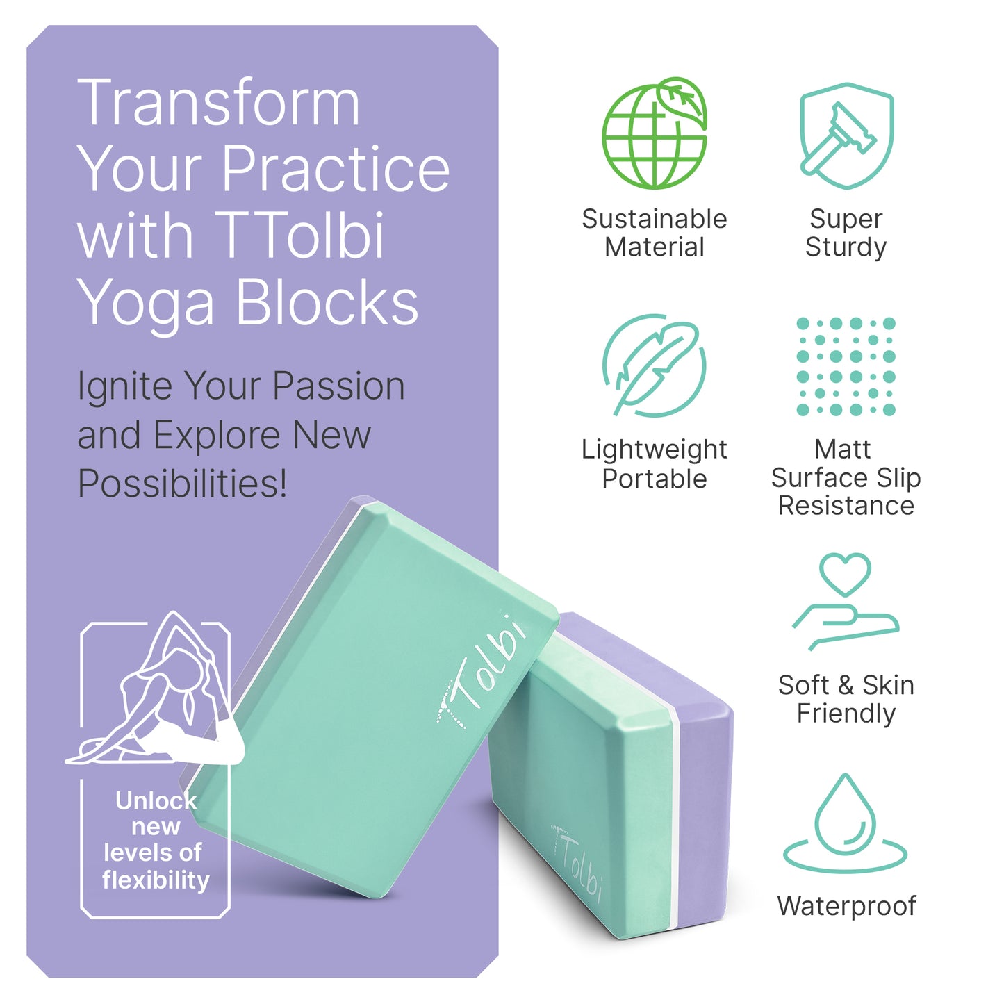 Premium Yoga Blocks 2 Pack with Stretch Band (Mint) – Align & Flex