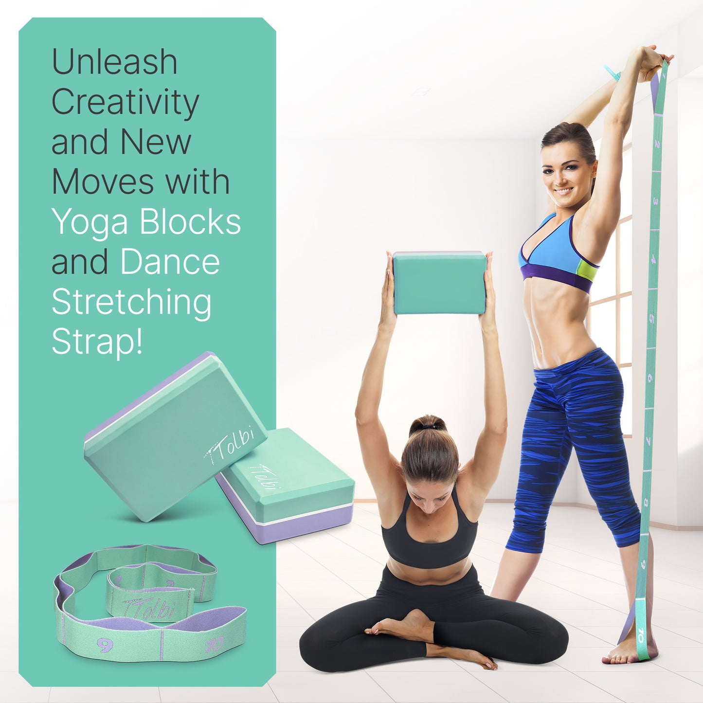 Premium Yoga Blocks 2 Pack with Stretch Band (Mint) – Align & Flex