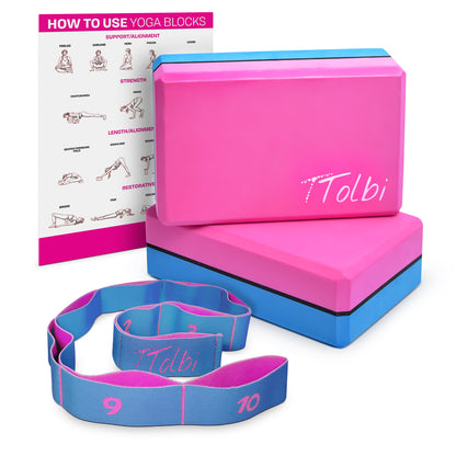 Premium Yoga Blocks 2 Pack with Stretch Band (Blue) – Align & Flex